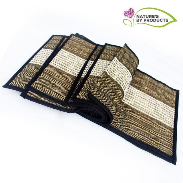 Craftlipi-Table Mat with Runner (Madur) : Weaved with Black String, Covered Edges with Black Fabrics Stitched