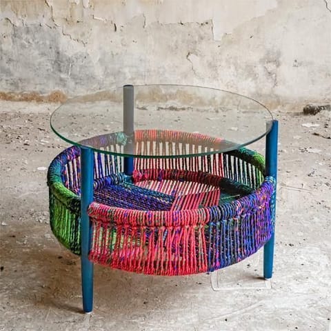 Rhizome-Glass Top Circle Table | Made with Ropes from Scrap Fabric and Bamboo