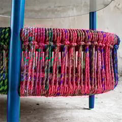 Rhizome-Glass Top Circle Table | Made with Ropes from Scrap Fabric and Bamboo