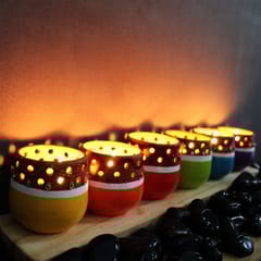 Craftlipi-MINI Multicolured Decorated Tea Light Holders Set of 6 + 12 HD Candles FREE