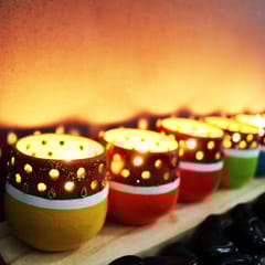 Craftlipi-MINI Multicolured Decorated Tea Light Holders Set of 6 + 12 HD Candles FREE