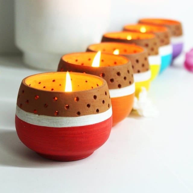 Craftlipi-MINI Multicolured Tea Light Holders Set of 6 + 12 HD Candles FREE
