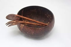 Thenga Coconut Shell Random Bowl, Spoon and Fork - 900 ml, 1 Piece, Brown