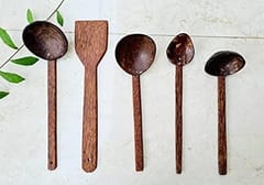 Thenga Traditional Coconut Shell & Wood Cooking Set | Set of 5 - 1 Spatula, 1 Large Spoon, 3 Size Ladles