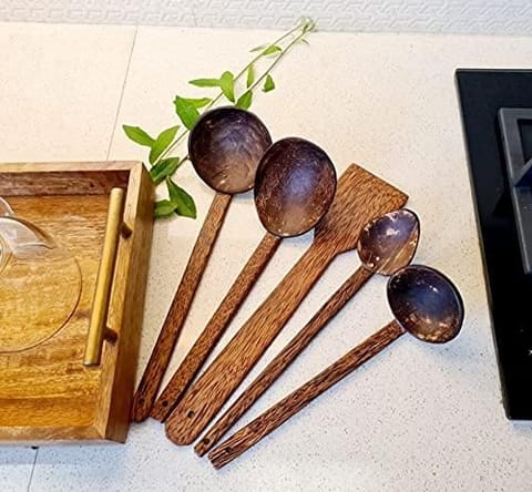 Thenga Traditional Coconut Shell & Wood Cooking Set | Set of 5 - 1 Spatula, 1 Large Spoon, 3 Size Ladles