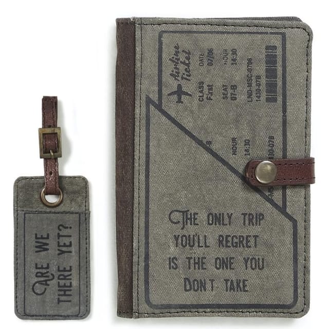 Mona B Trip Regrets Bundle Pack of Canvas Recycled Luggage Tag & Passport Wallet