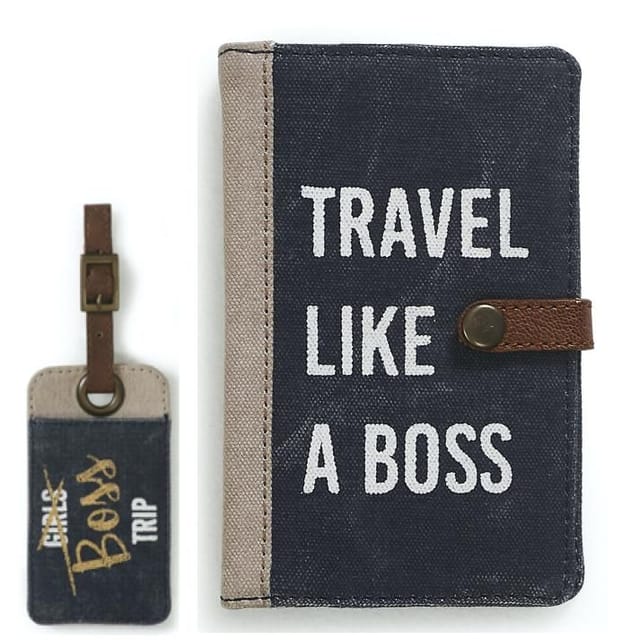Mona B Girl Boss Bundle Pack of Canvas Recycled Luggage Tag & Passport Wallet