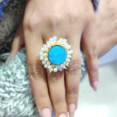 Ominish Jewels-Blue Druzy with Pearls Ring