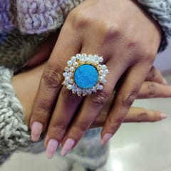 Ominish Jewels-Blue Druzy with Pearls Ring