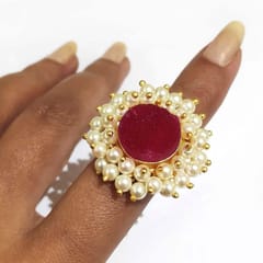 Ominish Jewels-Rose Red Druzy with Pearls Ring