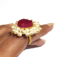 Ominish Jewels-Rose Red Druzy with Pearls Ring