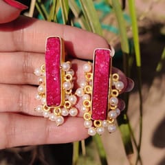 Ominish Jewels-Maroon Red Druzy Studs with Pearl Fringe