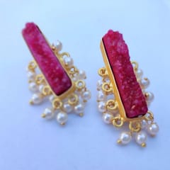 Ominish Jewels-Maroon Red Druzy Studs with Pearl Fringe