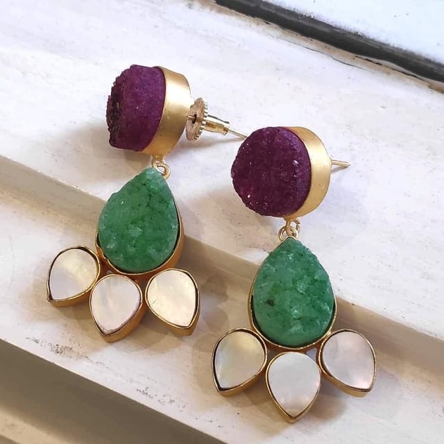 Ominish Jewels-Pink and Green Floral Druzy Earrings