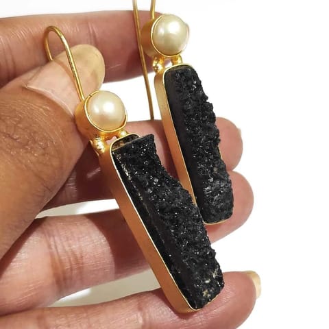 Ominish Jewels-Black Druzy with Pearl  hook Earrings