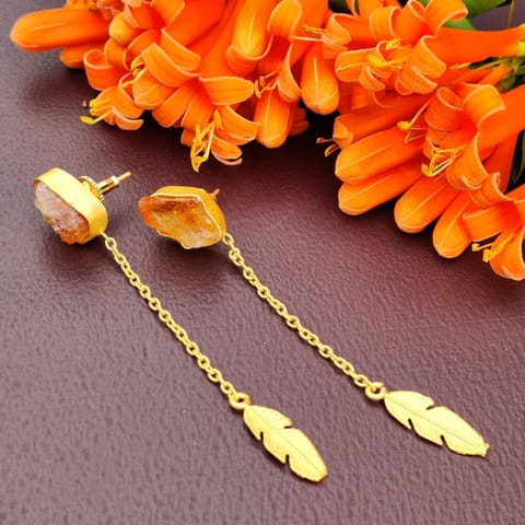 Ominish Jewels-Mismatched Feather Long Chain Earrings with Raw Gemstones Citrine Quartz