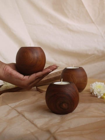 Studio Indigene - Spherical Tea-Lights | Set of 3 Teak Wood Tea Lights