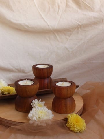 Studio Indigene - Drum Tea-Lights | Set of 3 | Made of Teak Wood