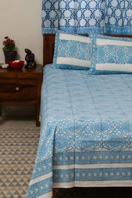Sootisyahi 'Flowering Blue' Handblock Printed Cotton Bedsheet