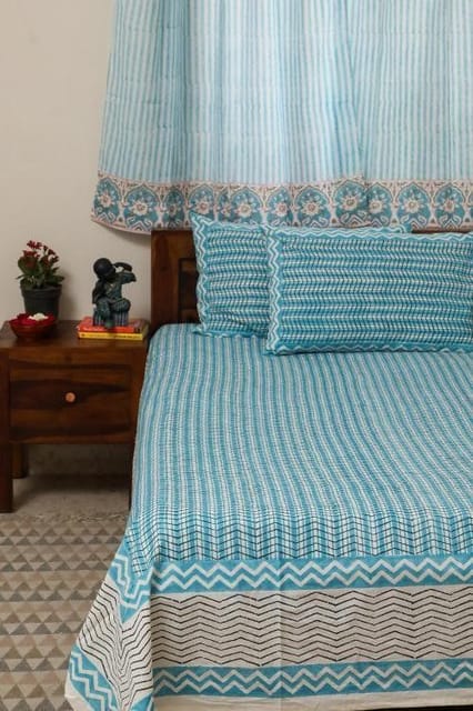 Sootisyahi 'Geometric Mesh' Handblock Printed Cotton Bedsheet