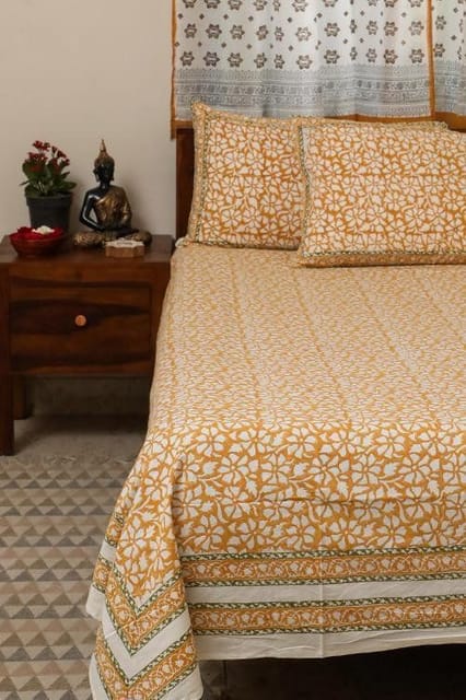 Sootisyahi 'Peet Pushp' Handblock Printed Cotton Bedsheet