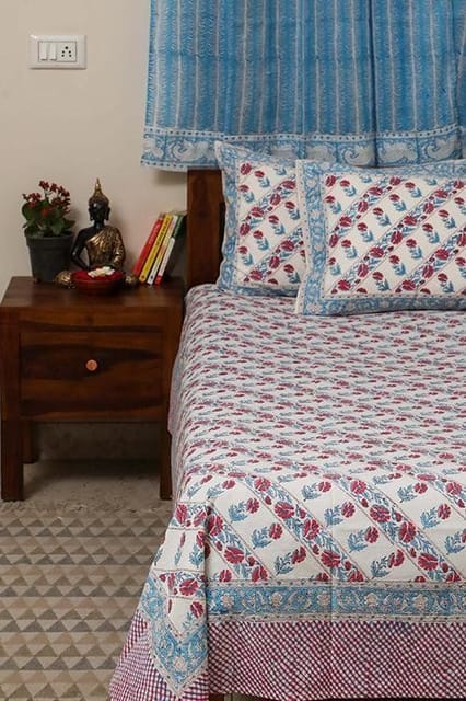 Sootisyahi 'Red Flowered' Handblock Printed Cotton Bedsheet