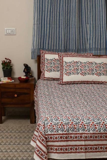Sootisyahi 'Floral Crimson' Handblock Printed Cotton Bedsheet