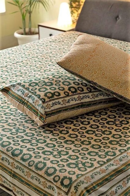 Sootisyahi 'Green Glow' Handblock Printed Cotton Bedsheet