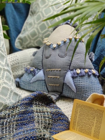 Diti - Gajah - Embellished Cushion, Blue and Grey