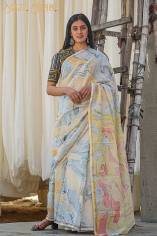 Sootisyahi -"RAINBOW"  HAND MARBLE PRINT CHANDERI SILK SAREE