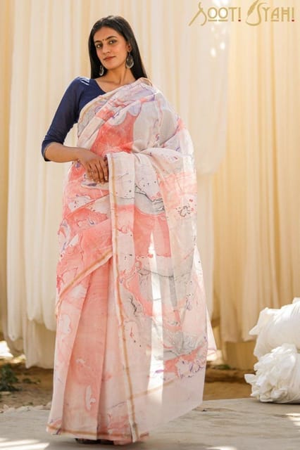 Sootisyahi -"SUBTLE"  HAND MARBLE PRINT CHANDERI SILK SAREE