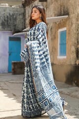 Sootisyahi -"GLORY" INDIGO HANDBLOCK PRINT CHANDERI SILK SAREE