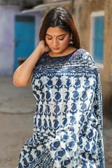 Sootisyahi -"GLORY" INDIGO HANDBLOCK PRINT CHANDERI SILK SAREE