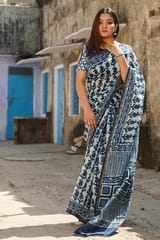 Sootisyahi -"GLORY" INDIGO HANDBLOCK PRINT CHANDERI SILK SAREE