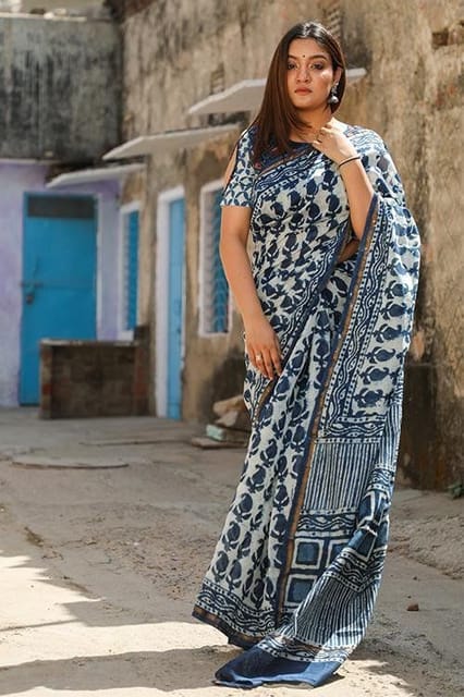 Sootisyahi -"GLORY" INDIGO HANDBLOCK PRINT CHANDERI SILK SAREE