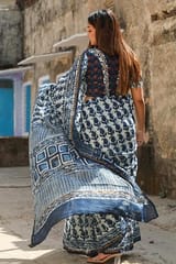 Sootisyahi -"GLORY" INDIGO HANDBLOCK PRINT CHANDERI SILK SAREE