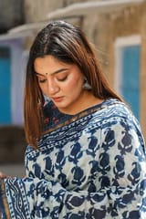 Sootisyahi -"GLORY" INDIGO HANDBLOCK PRINT CHANDERI SILK SAREE