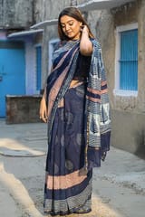 Sootisyahi -"GAZE" INDIGO HANDBLOCK PRINT CHANDERI SILK SAREE