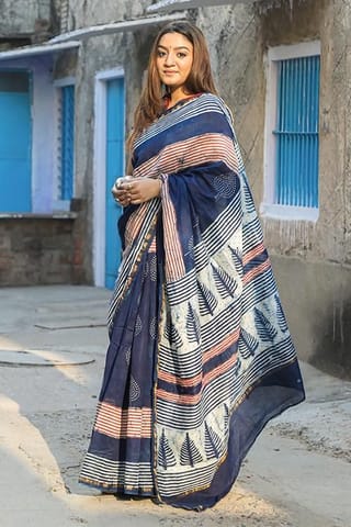 Sootisyahi -"GAZE" INDIGO HANDBLOCK PRINT CHANDERI SILK SAREE