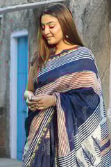 Sootisyahi -"GAZE" INDIGO HANDBLOCK PRINT CHANDERI SILK SAREE