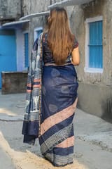 Sootisyahi -"GAZE" INDIGO HANDBLOCK PRINT CHANDERI SILK SAREE