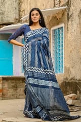 Sootisyahi -"RAPTURE" INDIGO HANDBLOCK PRINT SLUB COTTON SAREE