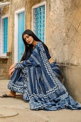 Sootisyahi -"RAPTURE" INDIGO HANDBLOCK PRINT SLUB COTTON SAREE