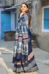 Sootisyahi -"GAZE" INDIGO HANDBLOCK PRINT CHANDERI SILK SAREE