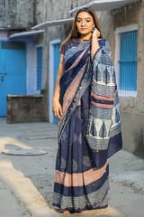 Sootisyahi -"GAZE" INDIGO HANDBLOCK PRINT CHANDERI SILK SAREE