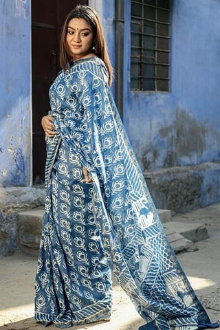 Sootisyahi -"COSMOS" INDIGO HANDBLOCK PRINT CHANDERI SILK SAREE