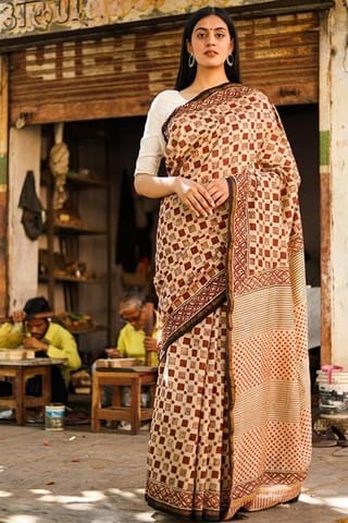 Sootisyahi -"CHROMA" BAGRU HANDBLOCK PRINT CHANDERI SILK SAREE