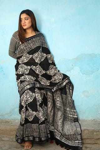 Sootisyahi -"Magnifique" CHUNA PATRI HANDBLOCK PRINT SLUB COTTON SAREE