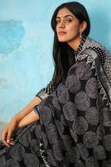 Sootisyahi -"CELESTIAL" CHUNA PATRI HANDBLOCK PRINT SLUB COTTON SAREE