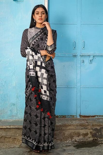 Sootisyahi -"CELESTIAL" CHUNA PATRI HANDBLOCK PRINT SLUB COTTON SAREE